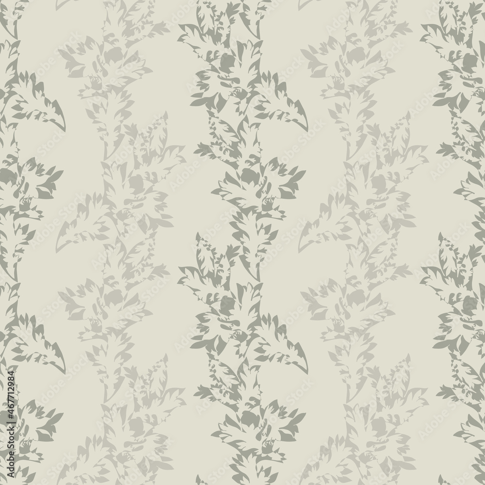 Fototapeta premium Acanthus leaf striped vector seamless pattern background. Vertical rows of stencil style hand drawn leaves monochrome ecru beige. Earthy neutral botanical backdrop. Stripe effect repeat. For wellness