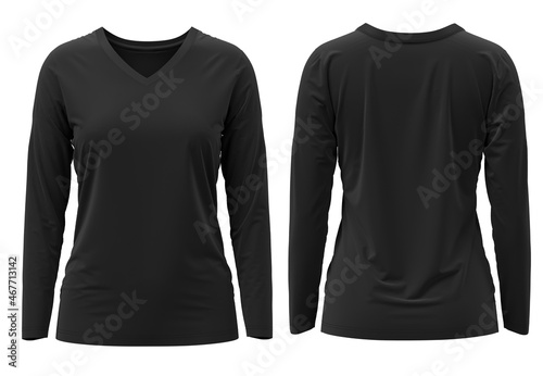 [ Black ] 3D rendering T-shirt V Neck long Sleeve Front and Back 
