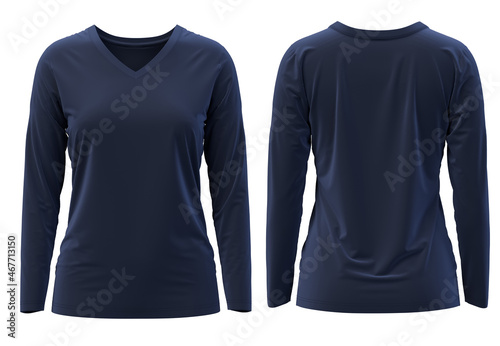 [ Navy ] 3D rendering T-shirt V Neck long Sleeve Front and Back 