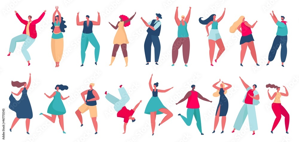 Young people dancing, happy characters in dance poses having fun. Men and women dancer characters at club or party celebration vector set. Excited active adults spending leisure time