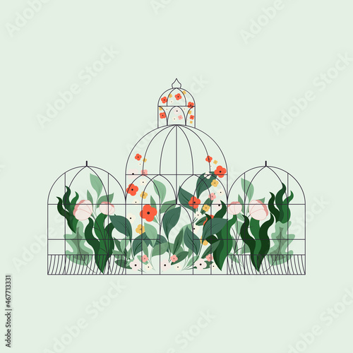 Plants inside glass greenhouse vector background