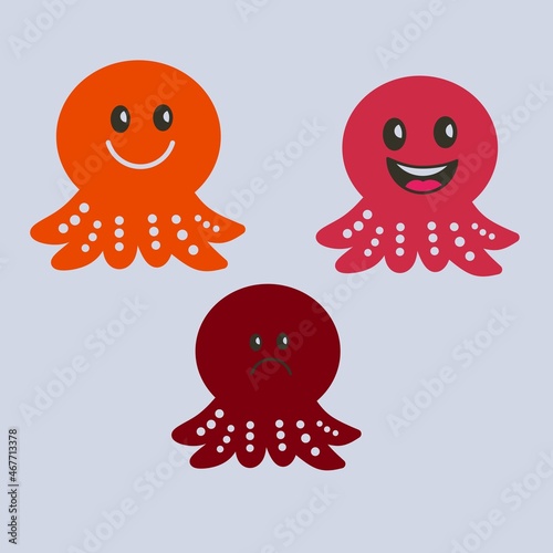 Vector illustration of squid with different facial expressions