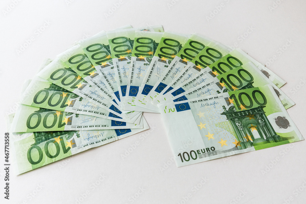 Fanned out 100 Euro banknotes as background image for financial topics. Fanned out 100 Euro banknotes as background image for financial topics.