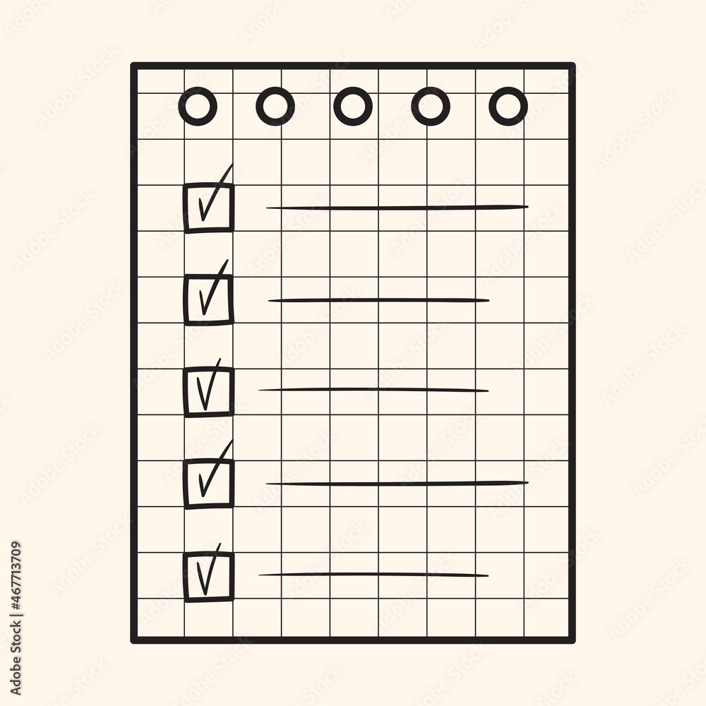 Simple black outline icon of notepad with check marks. Notebook doodle drawing. Vector illustration of paper sheet for writing. Symbol of education and studying