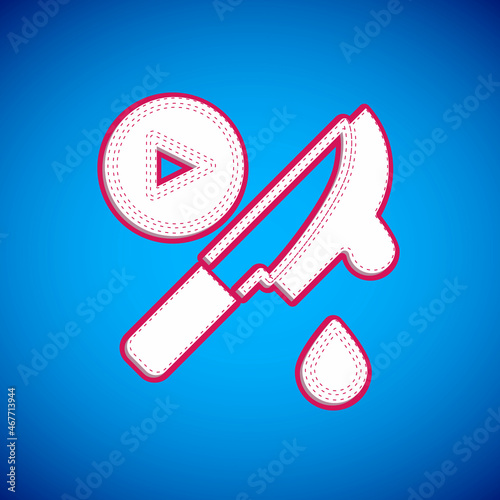 White Thriller movie icon isolated on blue background. Bloody knife. Suspenseful cinema genre, survival horror. Shocking films with gore and violence. Vector