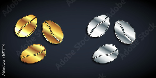 Gold and silver Coffee beans icon isolated on black background. Long shadow style. Vector
