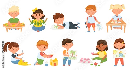 Kids doing creative activities and craft hobbies in art workshop. Cartoon children making paper craft, drawing, sculpting, sewing vector set. Boys and girls having fun, spending leisure