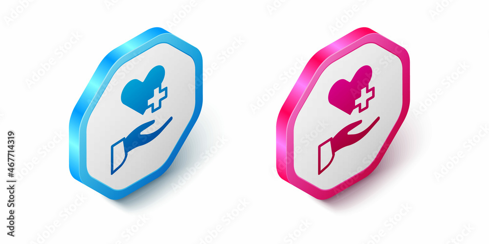 Isometric Heart with a cross icon isolated on white background. First aid. Healthcare, medical and pharmacy sign. Hexagon button. Vector Isometric Heart with a cross icon isolated on white background. First aid. Healthcare, medical and pharmacy sign. Hexagon button. Vector