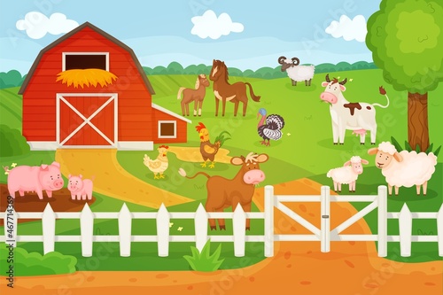 Cartoon animals living on farm, cow, sheep, chicken. Countryside landscape with barn and animal characters, rural lifestyle vector illustration. Domestic livestock, outdoor landscape