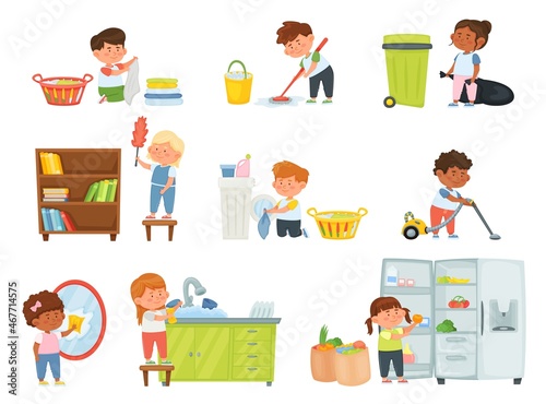 Cartoon kids doing housework, children helping with chores. Boys and girls vacuuming, dusting, washing dishes, mopping floor vector set. Character buying food and filling fridge, doing laundry