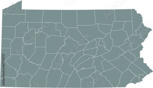 Gray vector administrative map of the Federal State of Pennsylvania, USA with white borders of its counties