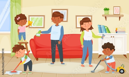 Family cleaning home, children helping parents with housework. Father and mother with kids dusting and vacuuming floor Vector illustration. Boy mopping, girl polishing frames at weekend
