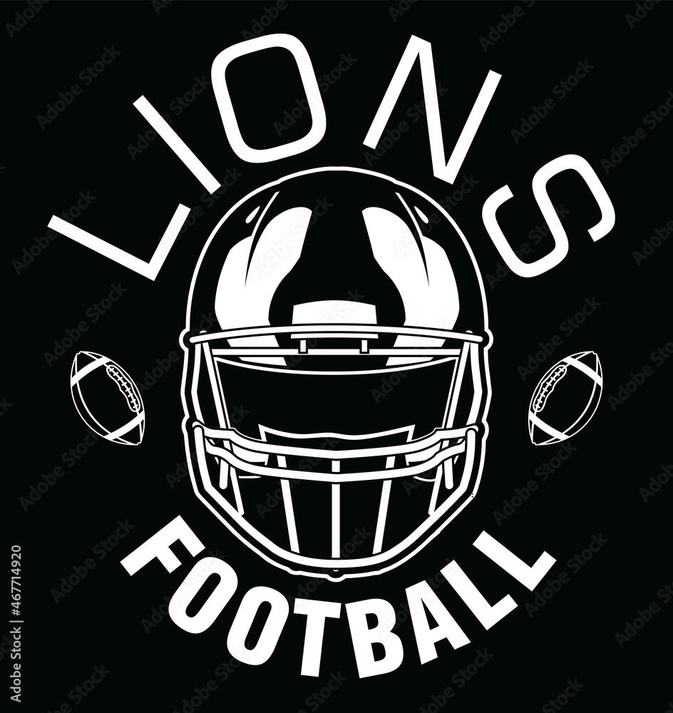 Fototapeta premium Lions Football One Color - White is a team design template that includes text, two footballs and a football helmet. Great for Lions t-shirts, mugs, advertising and promotion for teams or schools.