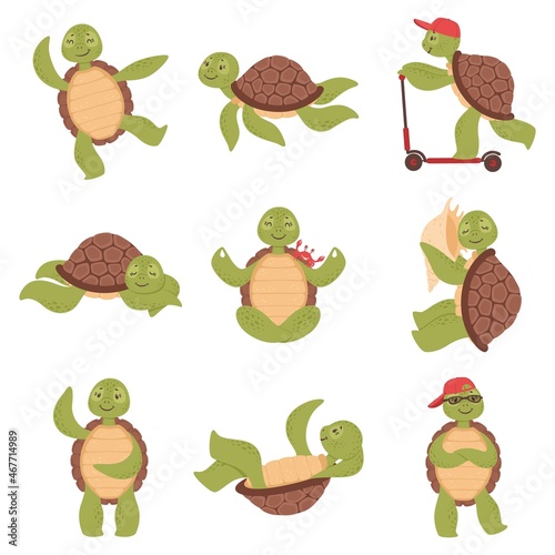 Cartoon cute turtles, funny tortoise characters. Happy little turtle swimming, sleeping or doing yoga, sea aquatics animal vector set. Cheerful character riding scooter, wearing cap