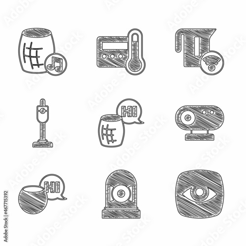 Set Voice assistant, Ringing alarm bell, Security camera, Web, Vacuum cleaner, Smart electric kettle and icon. Vector