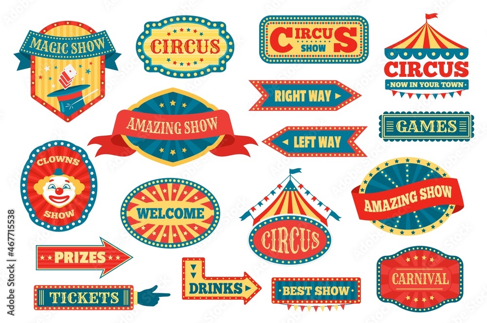 Circus labels and signs, retro fun fair carnival signboards. Vintage amusement park pointers, festival fairground event emblems vector set. Amazing magic show, tickets and prizes arrows