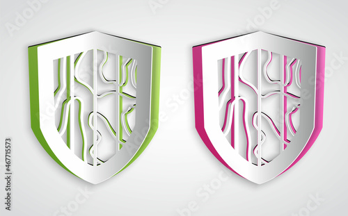 Paper cut Shield icon isolated on grey background. Guard sign. Security, safety, protection, privacy concept. Paper art style. Vector