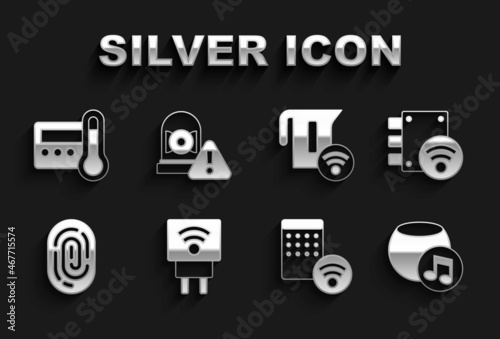 Set Smart electric plug, Digital door lock, Voice assistant, Air humidifier, Fingerprint, kettle, Thermostat and Ringing alarm bell icon. Vector