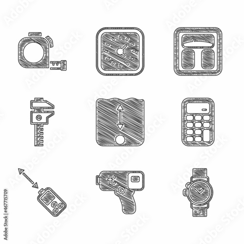 Set Depth measurement, Digital thermometer, Wrist watch, Calculator, Laser distance measurer, Calliper caliper and scale, Bathroom scales and Roulette construction icon. Vector