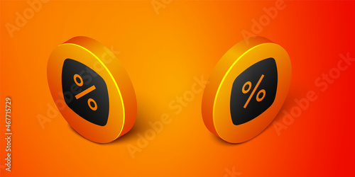 Isometric Discount percent tag icon isolated on orange background. Shopping tag sign. Special offer sign. Discount coupons symbol. Orange circle button. Vector