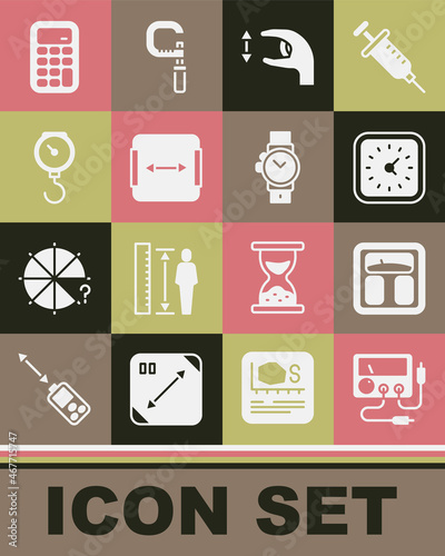 Set Multimeter, voltmeter, Bathroom scales, Clock, Approximate measurements, Area, Hand spring mechanical, Calculator and Wrist watch icon. Vector