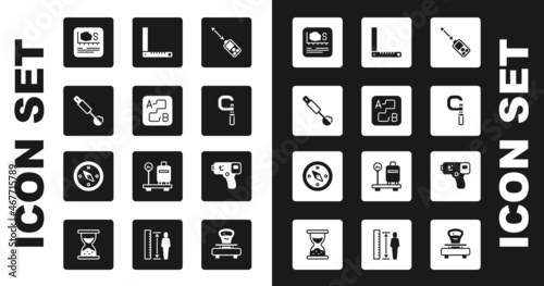 Set Laser distance measurer, Route location, Measuring spoon, Area measurement, Micrometer, Corner ruler, Digital thermometer and Compass icon. Vector