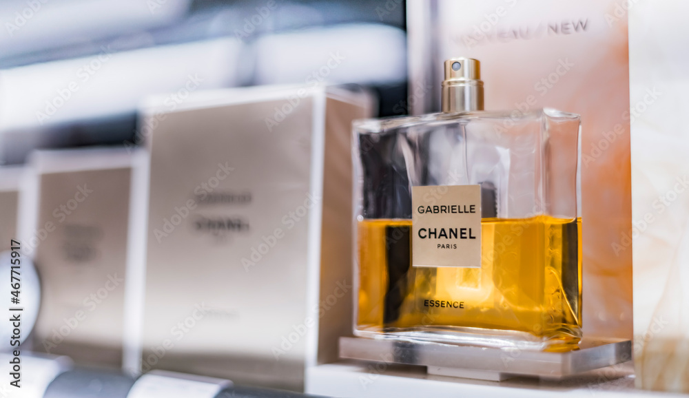 Bottle of Chanel Gabrielle perfume on a store shelf Stock Photo