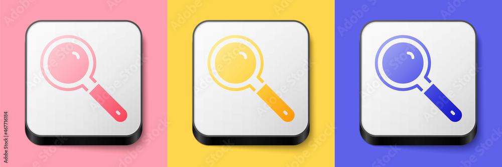 Isometric Magnifying glass icon isolated on pink, yellow and blue background. Search, focus, zoom, business symbol. Square button. Vector