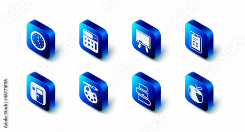 Set Calculator, Chalkboard, Exam sheet with check mark, Apple, Book, Paint brush palette, School classroom and Clock icon. Vector