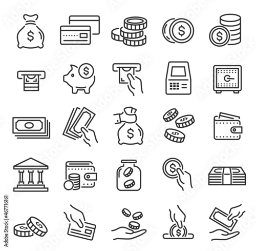 Money and finance icon, banking, atm payment, bank saving. Funds transfer or donation, cashback, money bag, coins, outline icons vector set. Wallet, hand holding banknotes or credit card