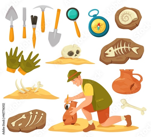 Cartoon archeology elements and equipment, archaeologist at work. Archeological expedition tools, ancient vase, fossils and bones vector set. Male character searching and excavating artifacts photo