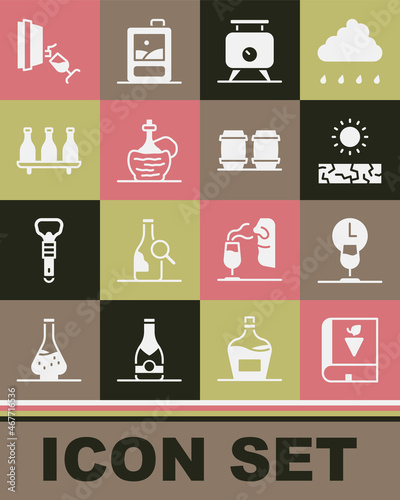 Set Book about grapes, Wine time, Drought, Fermentation of, italian fiasco bottle, Bottle wine, tasting, degustation and Wooden barrel for icon. Vector