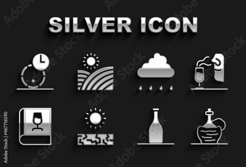 Set Drought, Sommelier, Wine in italian fiasco bottle, Bottle of wine, Book about, Cloud with rain, Wooden barrel for and Vineyard grapes icon. Vector