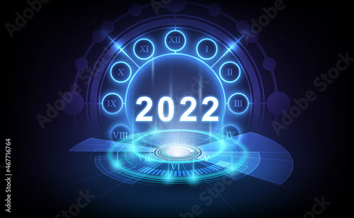 Happy New Year 2022 celebration with white light abstract clock on futuristic technology background, countdown concept, vector illustration