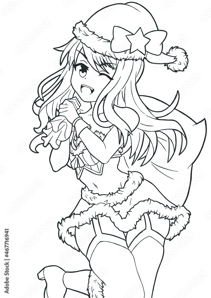 Fototapeta premium cute anime manga girl in a red santa claus costume with a naked belly and stockings with a bag of gifts christmas picture new year holiday christmas tree the picture is made with lines