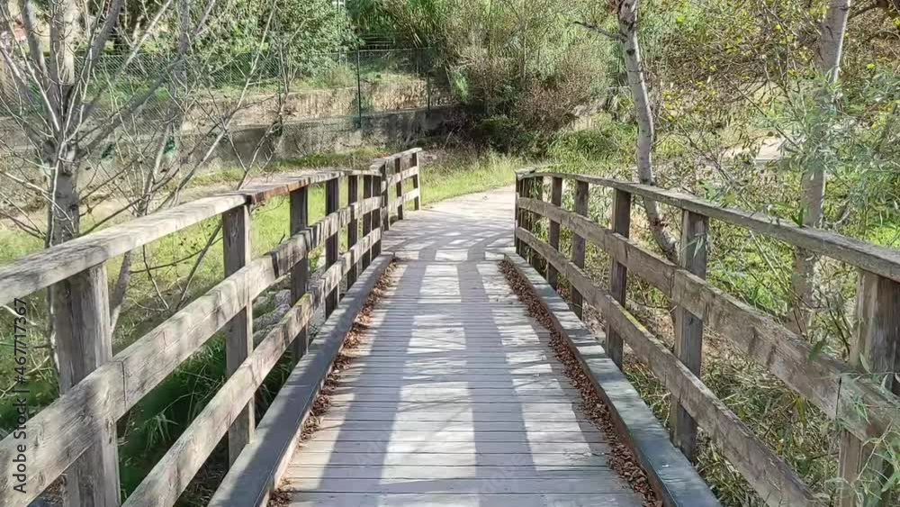 Wooden bridge in the woods. Walking along the wooden bridge and park paths, first person view Wooden bridge in the woods. Walking along the wooden bridge and park paths, first person view