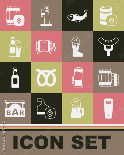 Set Bottle opener, Wooden barrel, Sausage on the fork, Dried fish, Beer bottle and glass, and Boot beer icon. Vector