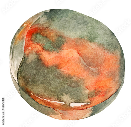 Illustration of watercolor bloodstone stone with streaks effect. A cut of orange and green mineral. A gemstone slice.