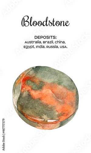 Illustration of watercolor bloodstone stone with streaks effect. A cut of orange and green mineral. A gemstone slice. Deposits of bloodstone stone