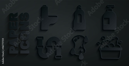Set Sponge, Dishwashing liquid bottle, Industry metallic pipe, Basin with soap suds, and Toilet bowl icon. Vector