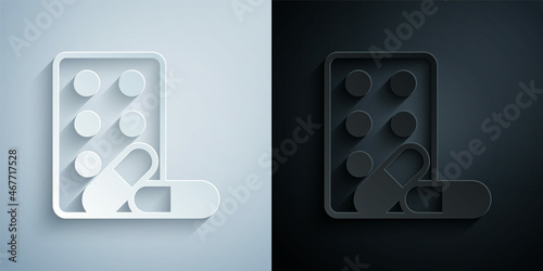 Paper cut Sports doping, anabolic drugs with dumbbell icon isolated on grey and black background. Anabolic steroids tablet. Pills in jar. Paper art style. Vector