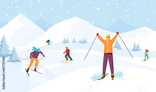 Happy man and woman ride skis in Alps. Winter mountain landscape with skiers. Blue sky, tops of rocks on background. Winter sport activities. Skiing resort. Vector illustration