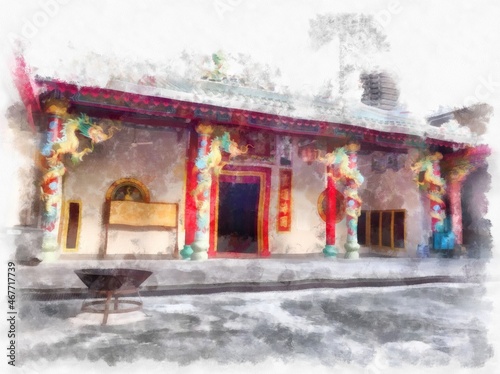 ancient chinese shrine watercolor style illustration impressionist painting.