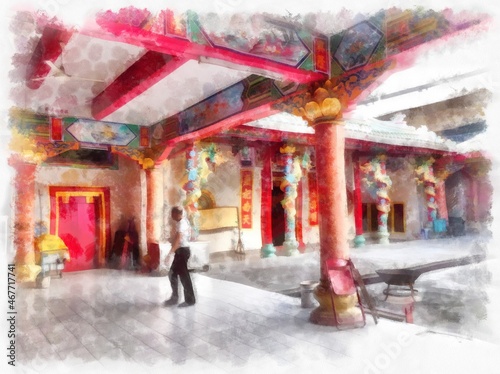 ancient chinese shrine watercolor style illustration impressionist painting.