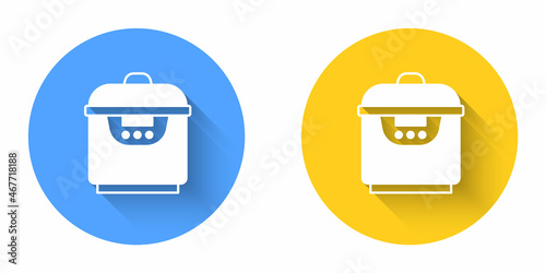 White Slow cooker icon isolated with long shadow background. Electric pan. Circle button. Vector