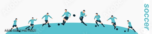soccer player, football player dribbling and kicking the ball. set of colored illustrations