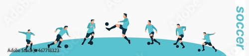 soccer, football player dribbling and kicking the ball. set of colored illustrations