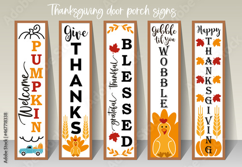 Autumn lettering with pumpkin, gnomes and leaves Vertical Thanksgiving sign.