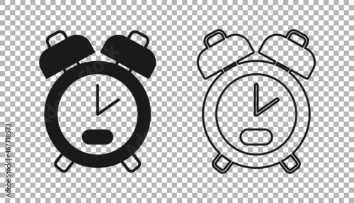 Black Alarm clock icon isolated on transparent background. Wake up, get up concept. Time sign. Vector