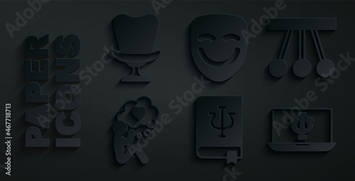 Set Psychology book, Psi, Pendulum, Head with heart, Psychologist online, Comedy theatrical mask and Armchair icon. Vector